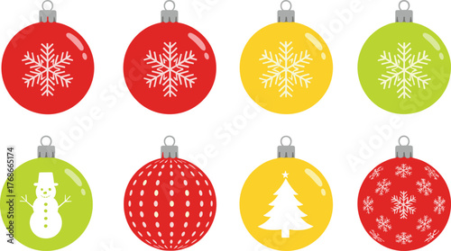 Christmas ornaments collection, red green yellow baubles, festive snowflake snowman tree designs, holiday decorations, seasonal decor elements, traditional Christmas tree accessories
