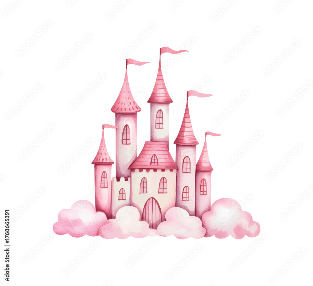 Fototapeta premium Pink princess castle watercolor illustration for baby nursery decor. Fantasy castle watercolor print for girl birthday theme.