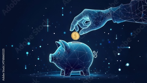A digital hand, composed of interconnected lines, deposits a coin into a polygonal piggy bank against a dark blue backdrop speckled with glowing dots and lines