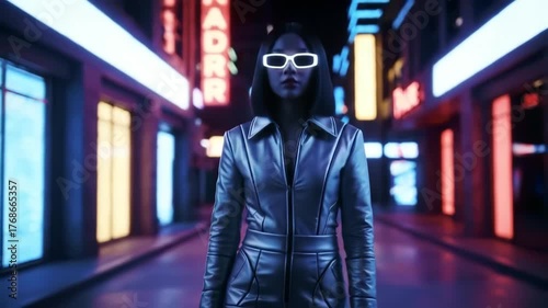 Woman with light-up glasses walking on a neon-lit city street. Possible use futuristic fashion design