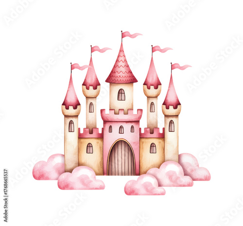 
Pink princess castle watercolor illustration for baby nursery decor. Fantasy castle watercolor print for girl birthday theme.