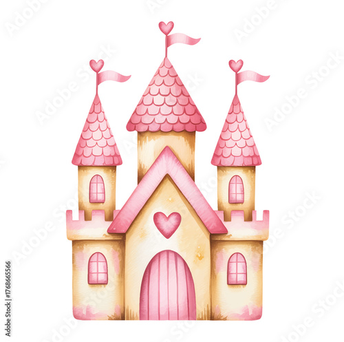 
Pink princess castle watercolor illustration for baby nursery decor. Fantasy castle watercolor print for girl birthday theme.