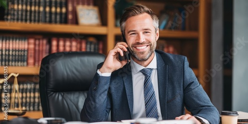 Businessman and Attorney Collaborating in Office Communicating via Phone