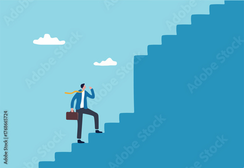 Challenge to overcome difficulty, obstacle or business problem, think of solution to get pass obstacle to success, failure or trouble concept, businessman walk up stair to find huge difficult step.