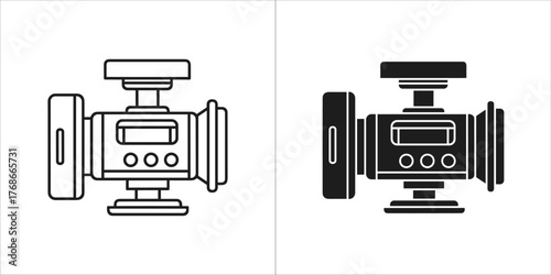 Camera lens icon, line art and silhouette