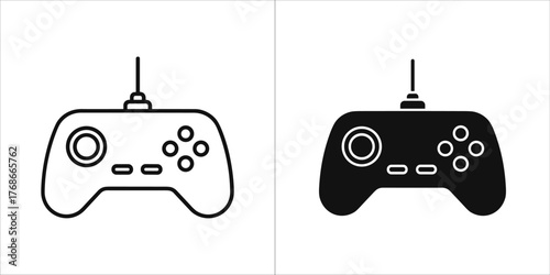 Two icons of a video game controller, one black and white outline, the other solid black