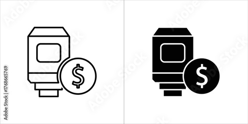 Line art and solid black icon of a vape pen with a dollar coin