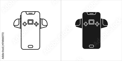 Line art and solid black icon of a smartphone with gaming controllers attached
