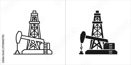 Two oil pump jacks, one in outline and one in solid black