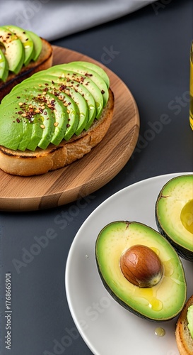 Two avocado toasts with chili flakes on a wooden board, alongside a plate of halved avocados and another toast, all on a dark background.