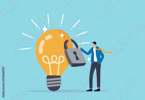 Intellectual property, patented protection, copyright reserved or product trademark that cannot copy concept, businessman owner standing with light bulb idea locked with padlock for patents.