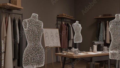 A fashion studio interior with digital mannequins.  Clothed displays, design sketches, and sewing tools are visible