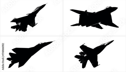 Collection of fighter jet silhouettes isolated on white background