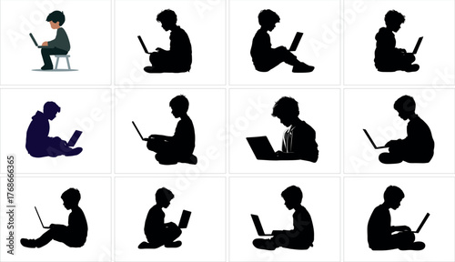 Silhouettes of people using laptops isolated on white background