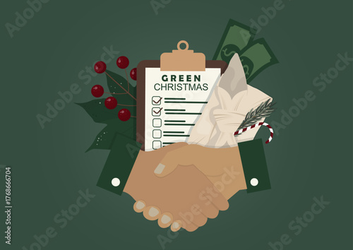 Green Christmas Agreement. Sustainable christmas checklist with business handshake. Eco-friendly Christmas planning and conscious celebration. Eco christmas concept. Flat style. Vector illustration