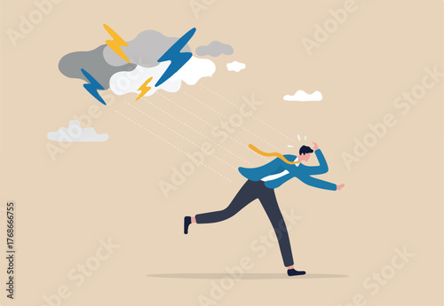 Runaway from crisis, catastrophe misfortune situation, escape from disaster, bankruptcy or danger failure, overworked, anxiety or work stress concept, businessman run away from thunder storm raining.