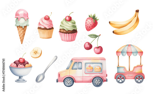 Watercolor ice cream and cupcake dessert truck illustration for kids birthday decor. 
