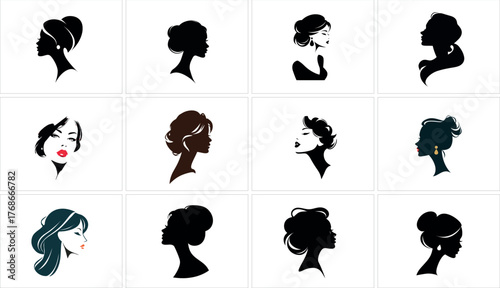 Collection of woman face silhouettes isolated on white background
