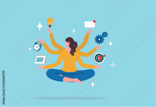Multitasking or manage project, task or work efficiency, productivity or time management, workload balance or work responsibility concept, productive woman with multiple hands handle multitasking job.