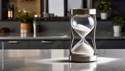 Modern Hourglass With Flowing White Sand Placed On A Sleek Kitchen Counter Symbolizing Time And Minimal Design Generative Ai