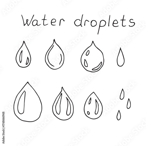 Water droplets set of elements, hand drawing, vector illustration