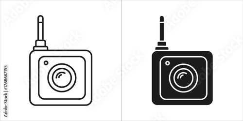 Line art and solid black icon of a vintage radio transmitter with antenna