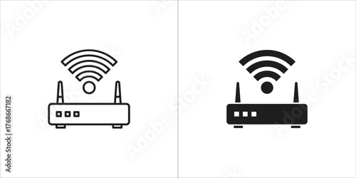 Black and white icons of a wireless router with wifi signal