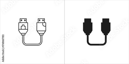 Two icons of a usb splitter cable, one outlined and one solid black