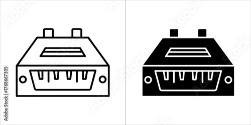 Two icons of a computer peripheral device, one outline and one filled