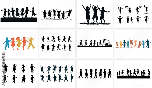 Set of silhouettes of children playing isolated on white background