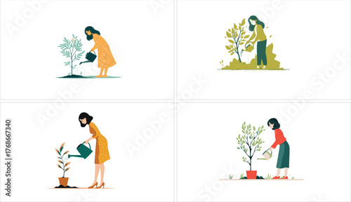 Set of four illustrations of a woman watering a plant isolated on white background