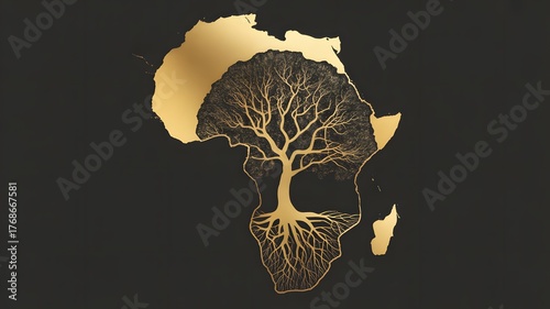 Africa continent map with golden tree of life illustration on black background