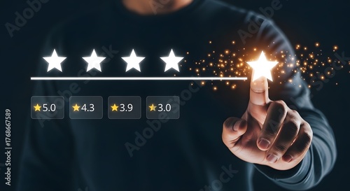 Customer satisfaction is measured by a fivestar rating system, with a finger pointing to the highest star, symbolizing excellent feedback and positive reviews