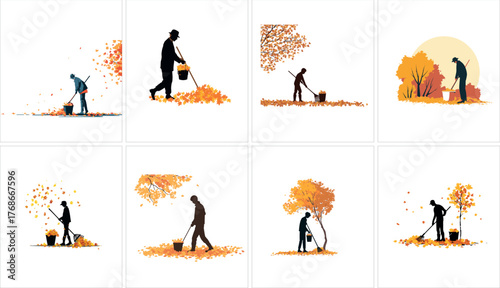 Collection of man raking leaves illustrations isolated on white background