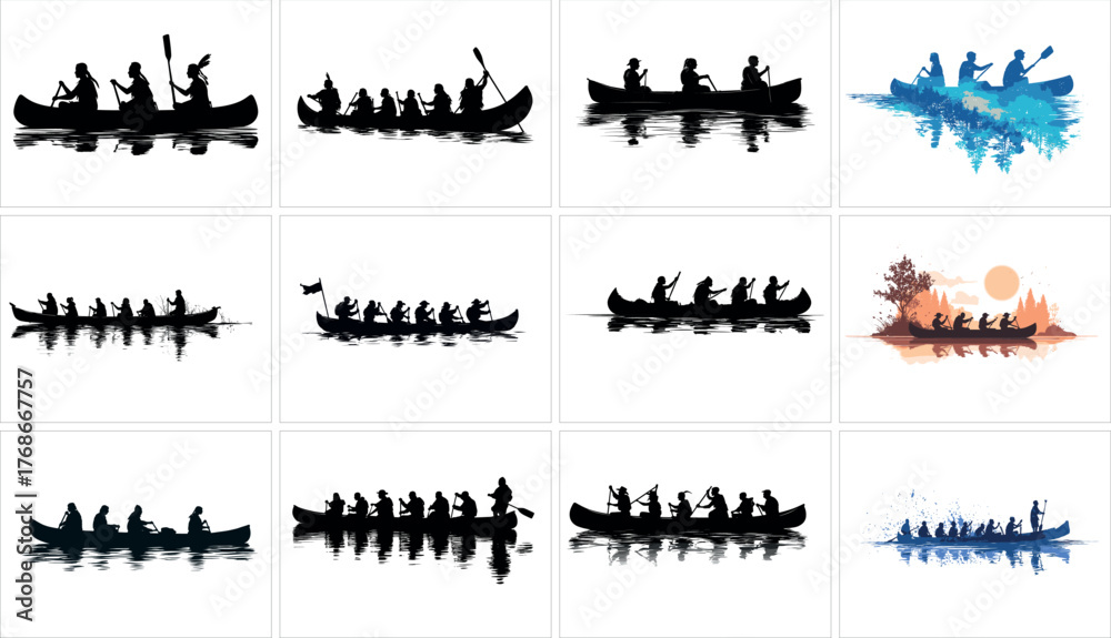 Fototapeta premium Collection of dragon boat racing team silhouette, isolated on white background