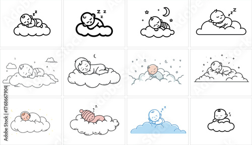 Collection of baby sleeping on cloud isolated on white background vector