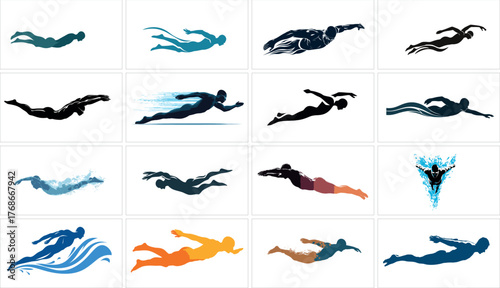 Collection of swimmer isolated on white background vector silhouette design