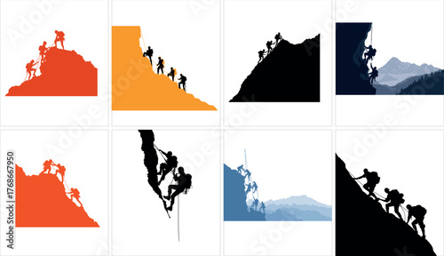 Collection of mountain climber isolated on white background vector silhouette