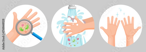Dirty hands, hands washing  with soap and foam under running water, clean hands. Concept of health and hygiene. Personal hygiene, prevent viruses and bacterias