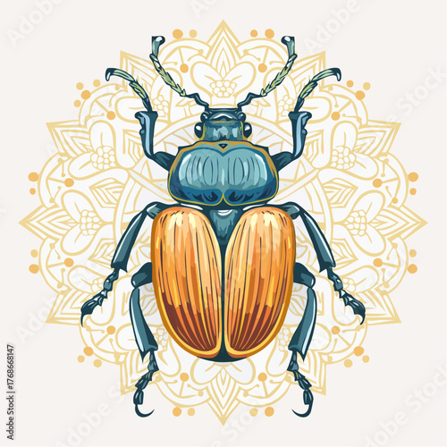 Très jolie illustration d'un scarabée, coloré, graphisme dans l'arrière plan, vue du dessus en gros plan 