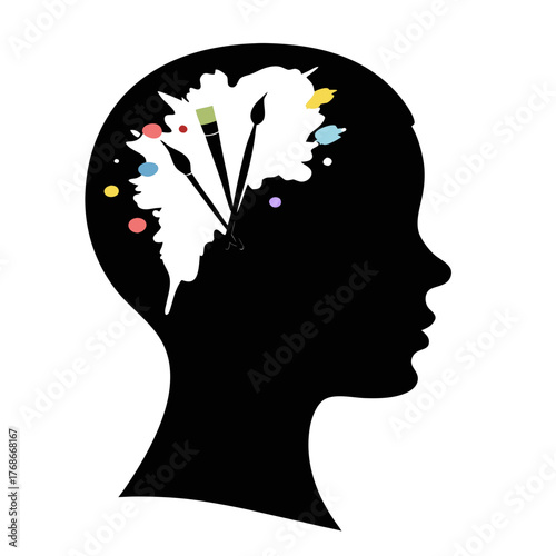 Silhouette of a head filled with paintbrushes and colorful paint splatters on a white background
