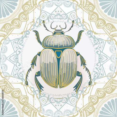 Très jolie illustration d'un scarabée, coloré, graphisme dans l'arrière plan, vue du dessus en gros plan 