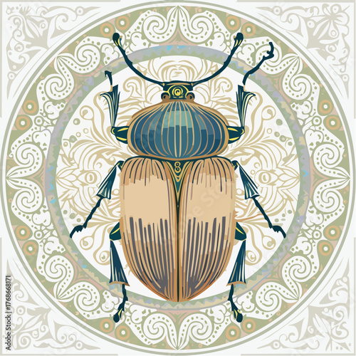Très jolie illustration d'un scarabée, coloré, graphisme dans l'arrière plan, vue du dessus en gros plan 