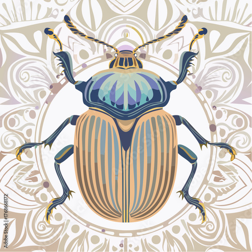 Très jolie illustration d'un scarabée, coloré, graphisme dans l'arrière plan, vue du dessus en gros plan 