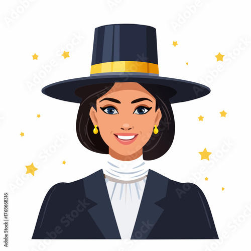 Femme brune avec un chapeau haut, présentatrice, animatrice, magicienne, tenue de soirée, tenue de gala, élégance, souriante, fond blanc, 