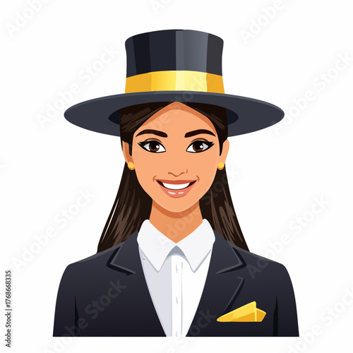 Femme brune avec un chapeau haut, présentatrice, animatrice, magicienne, tenue de soirée, tenue de gala, élégance, souriante, fond blanc, 