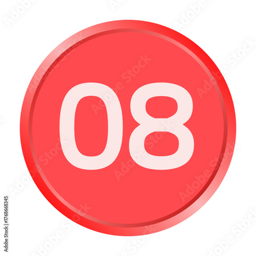 The number "08" white font is printed inside a red circle.