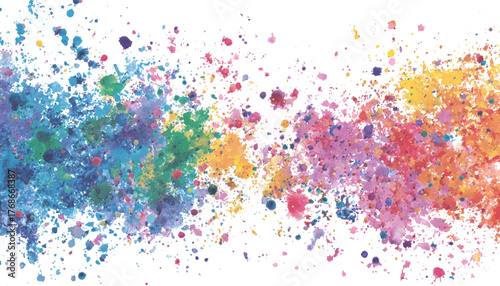 Colorful splashes of watercolor paint form an abstract design. Abstract art of colorful paint splatters on a white background. Rainbow paint splatter banner, white background, design