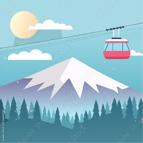 télécabine, montagne, sapins, soleil, neige, paysage hivernal magnifique, stylisé 