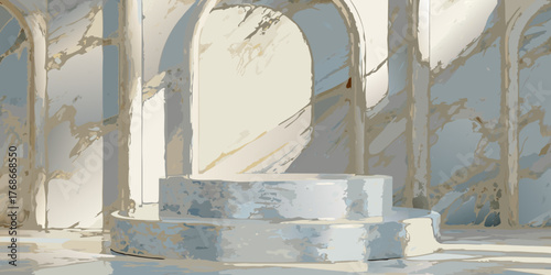 Elegant marble architectural background with a tiered podium in a sunlit ancient structure